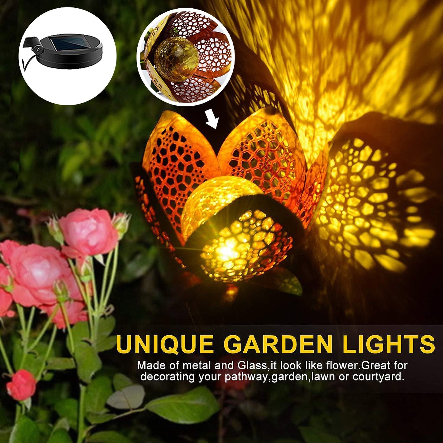 Unique Solar Lights Hollow Projection Wrought Iron Flower Garden Solar LED Light Outdoor Landscape Lawn Lamp Garden Home Decor